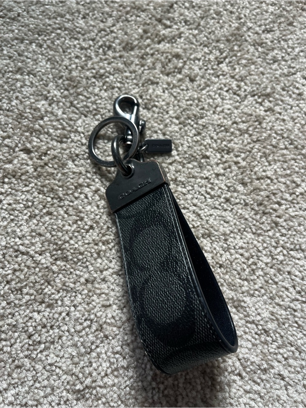 Coach Black Signature Leather Strap Keychain with Gunmetal Hardware